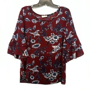 Free Kisses Size M Red Maroon Floral Blouse with Flare Sleeves